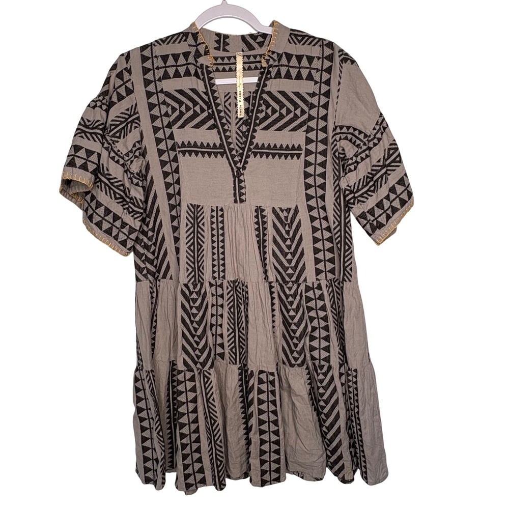 Uncle‎ Frank Aztec Geometric Embroidered Tiered Shift Dress Gray Black S Boho